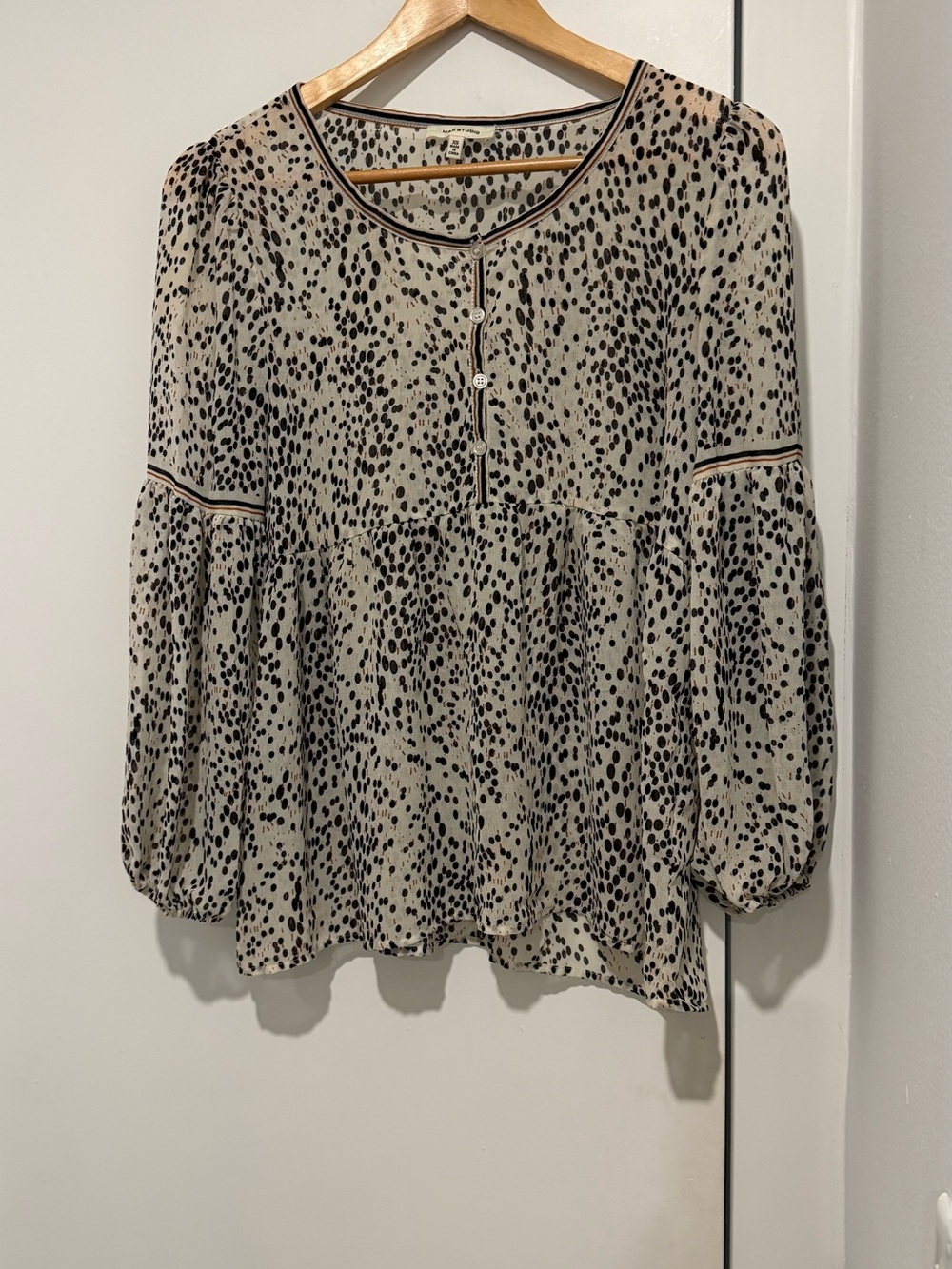 Max Studio Cream Blouse with Black Spot Print and Trim